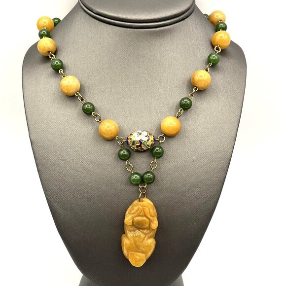 Yellow Jade & Green Nephrite Jade Cloisonne Beaded Carved Foo Dog Necklace 18" - Picture 2 of 12